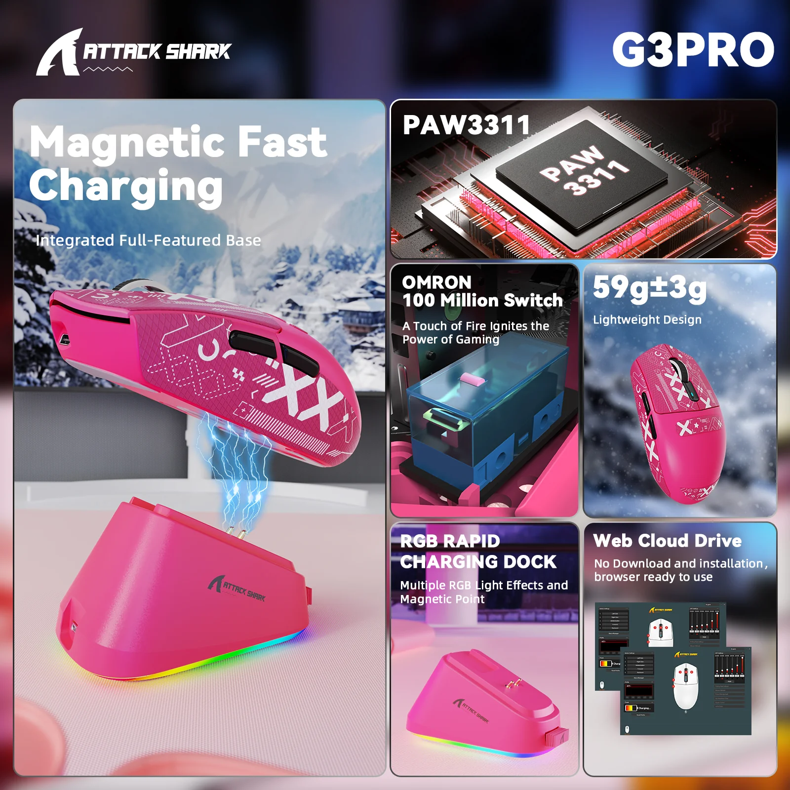 ATTACK SHARK G3PRO Tri-mode Wireless Gaming Mouse with Charge Dock 25000 DPI Ultra Lightweight - Image 32