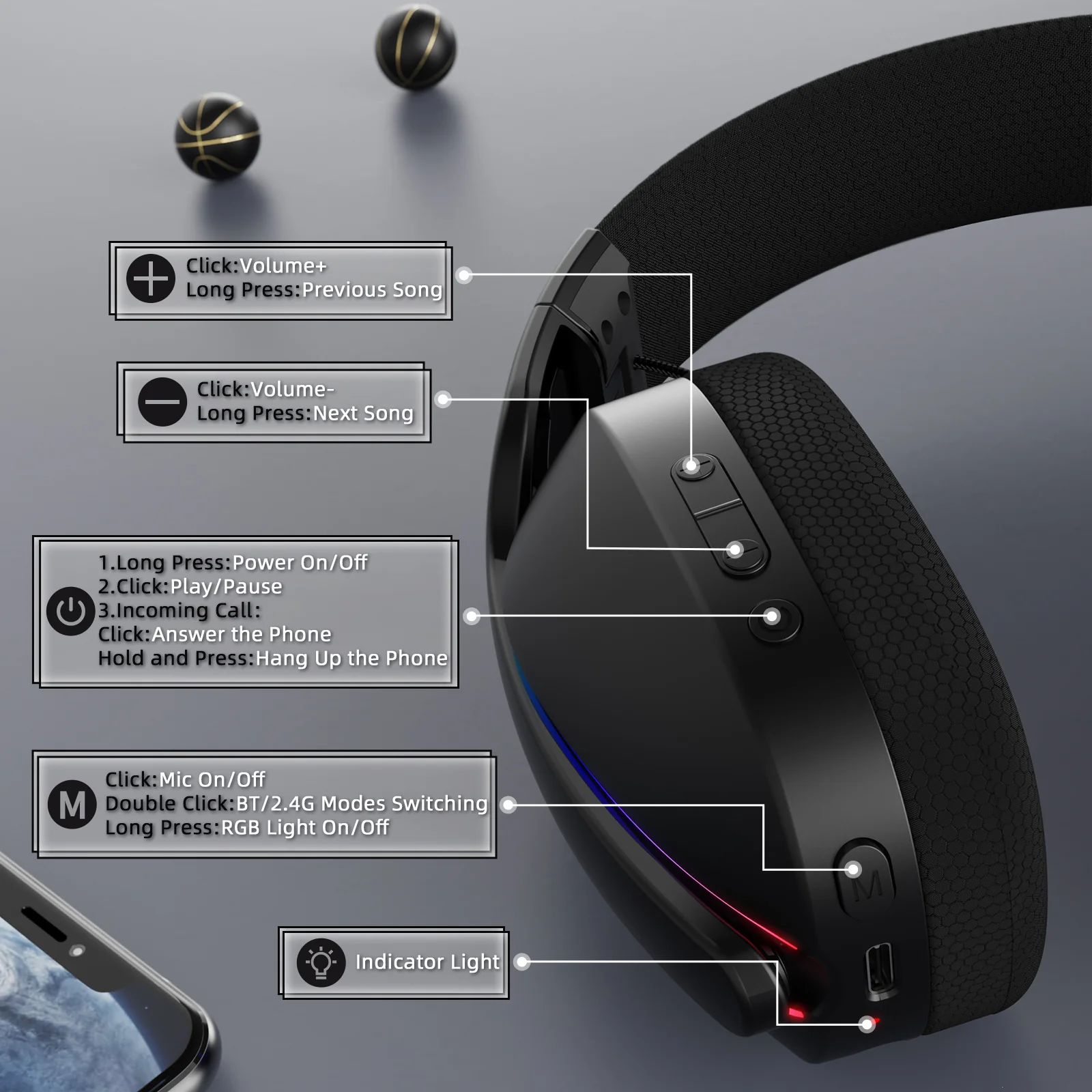 ATTACK SHARK L90 Foldable RGB Ultra-Light Tri-Mode Gaming Headset - Image 8